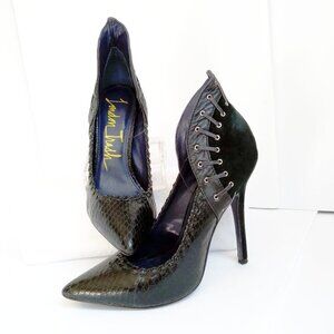 DramaticBlack Pointy Toe Leather Snakeprint High Deco Collar 5" Suede Heels Sz 7